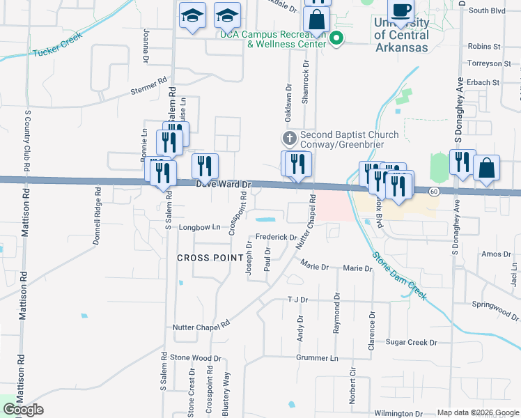 map of restaurants, bars, coffee shops, grocery stores, and more near 2514 Frederick Drive in Conway