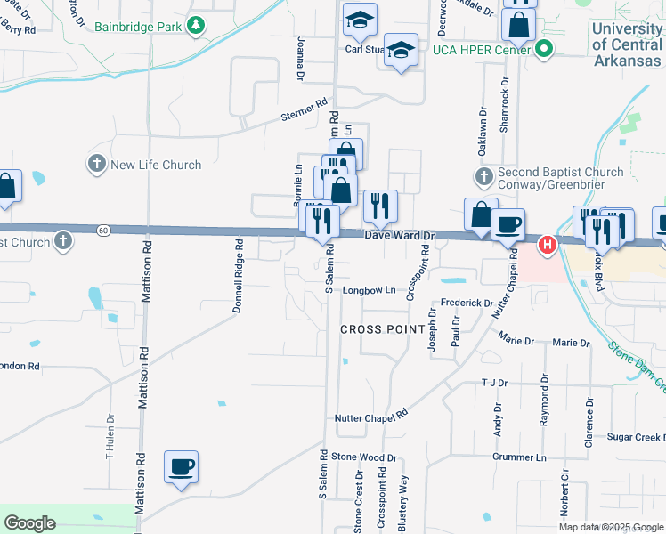 map of restaurants, bars, coffee shops, grocery stores, and more near 2850 Longbow Lane in Conway