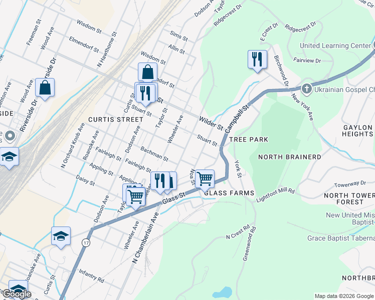 map of restaurants, bars, coffee shops, grocery stores, and more near 2800 North Chamberlain Avenue in Chattanooga