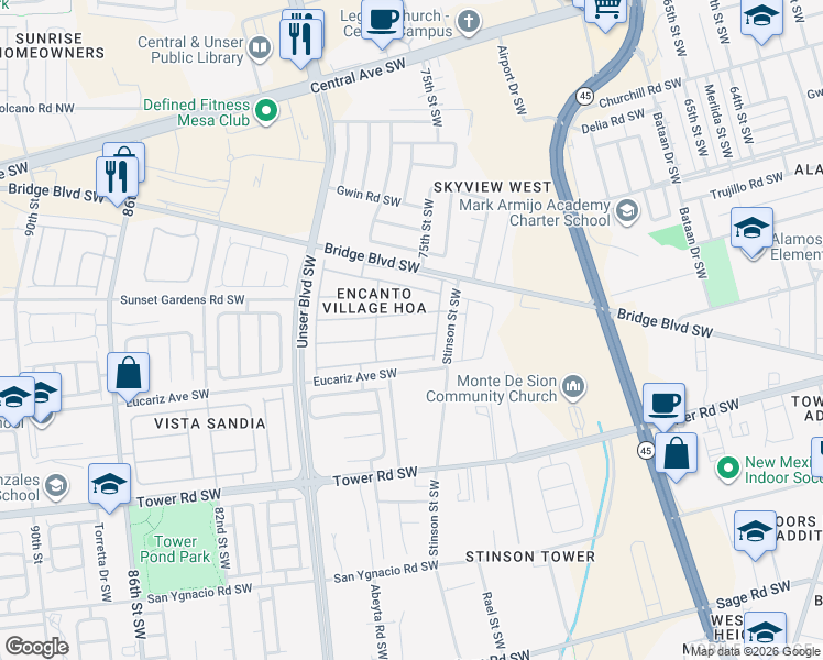 map of restaurants, bars, coffee shops, grocery stores, and more near 7415 Via Cometa Southwest in Albuquerque