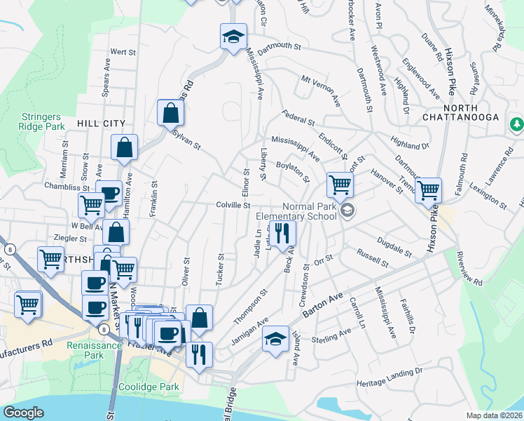 map of restaurants, bars, coffee shops, grocery stores, and more near 524 Elinor Street in Chattanooga