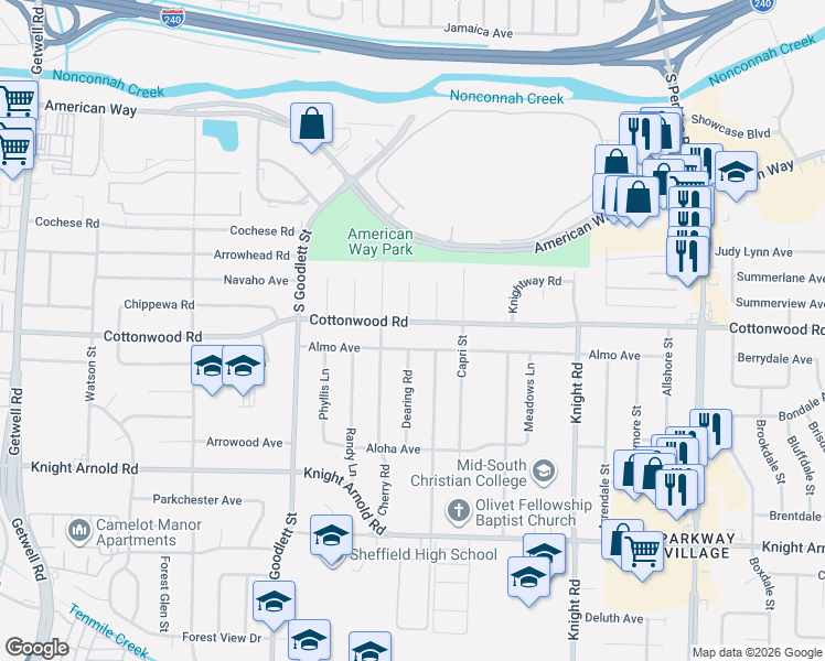 map of restaurants, bars, coffee shops, grocery stores, and more near 2946 Cherry Road in Memphis