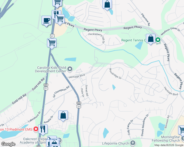 map of restaurants, bars, coffee shops, grocery stores, and more near 254 Heritage Boulevard in Fort Mill