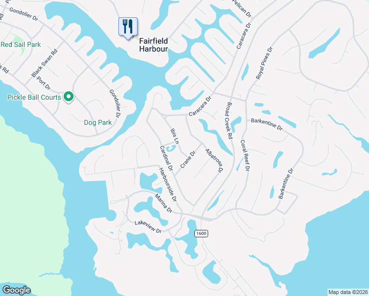 map of restaurants, bars, coffee shops, grocery stores, and more near 6205 Ibis Lane in New Bern