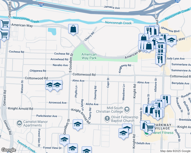 map of restaurants, bars, coffee shops, grocery stores, and more near 2946 Cherry Road in Memphis