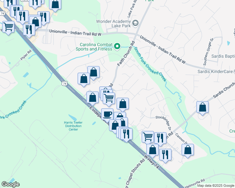 map of restaurants, bars, coffee shops, grocery stores, and more near 4005 Martina Drive in Indian Trail