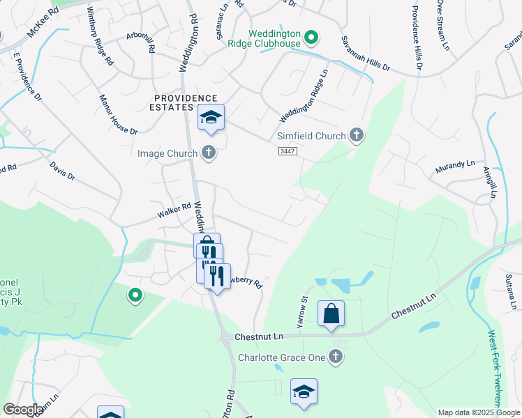 map of restaurants, bars, coffee shops, grocery stores, and more near 3933 Franklin Meadows Drive in Matthews
