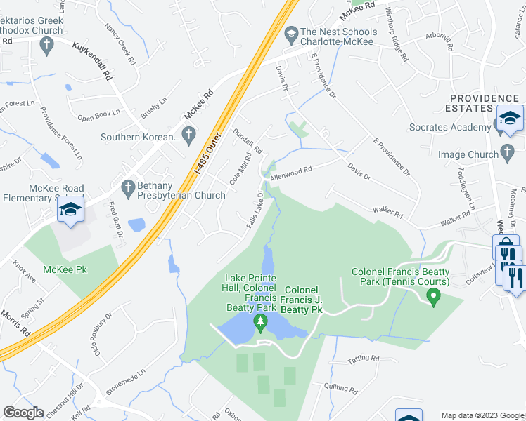 map of restaurants, bars, coffee shops, grocery stores, and more near 6428 Falls Lake Drive in Charlotte