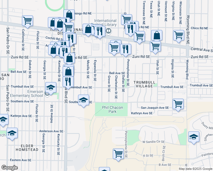 map of restaurants, bars, coffee shops, grocery stores, and more near 441 Grove Street Southeast in Albuquerque