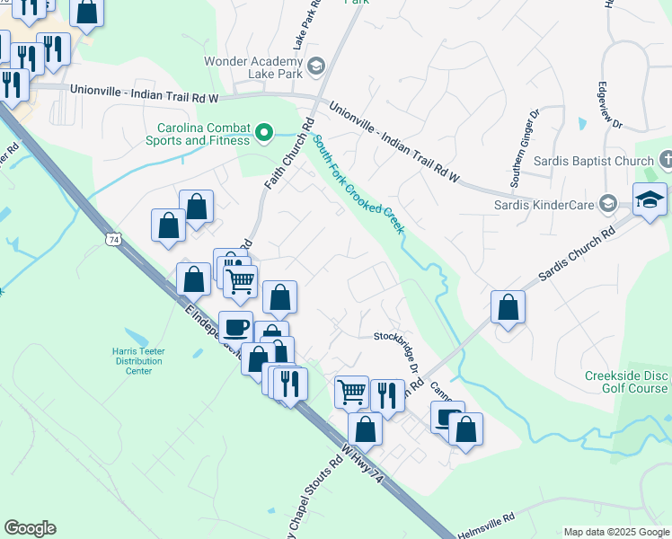 map of restaurants, bars, coffee shops, grocery stores, and more near 1201 Loring Drive in Indian Trail