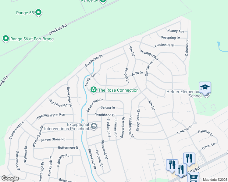 map of restaurants, bars, coffee shops, grocery stores, and more near 6828 Pin Oak Lane in Fayetteville
