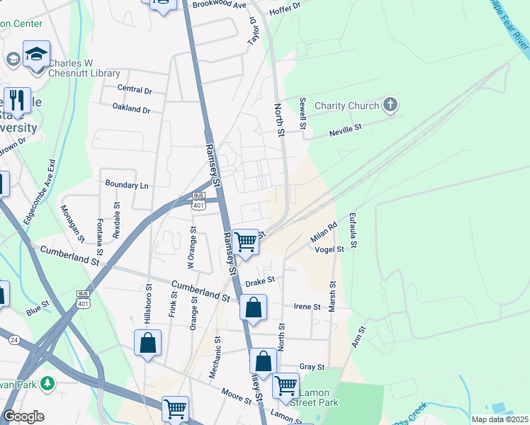 map of restaurants, bars, coffee shops, grocery stores, and more near 135 Byrd Street in Fayetteville