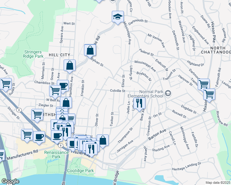 map of restaurants, bars, coffee shops, grocery stores, and more near 500 Colville Street in Chattanooga