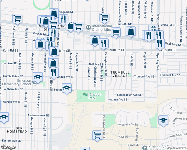 map of restaurants, bars, coffee shops, grocery stores, and more near 421 Charleston Street Southeast in Albuquerque
