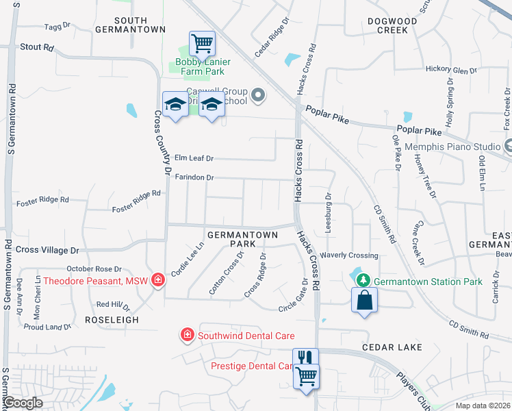 map of restaurants, bars, coffee shops, grocery stores, and more near 2884 Billy Cross Drive in Germantown