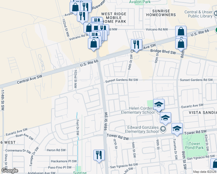 map of restaurants, bars, coffee shops, grocery stores, and more near 9709 Sunset Gardens Road Southwest in Albuquerque