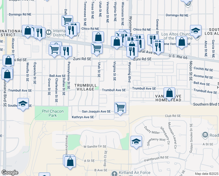 map of restaurants, bars, coffee shops, grocery stores, and more near 432 Bell Park Circle Southeast in Albuquerque