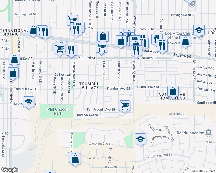 map of restaurants, bars, coffee shops, grocery stores, and more near 432 Bell Park Circle Southeast in Albuquerque