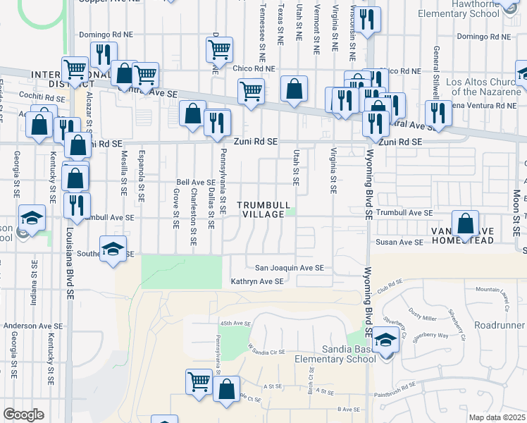map of restaurants, bars, coffee shops, grocery stores, and more near 416 Tennessee Street Southeast in Albuquerque