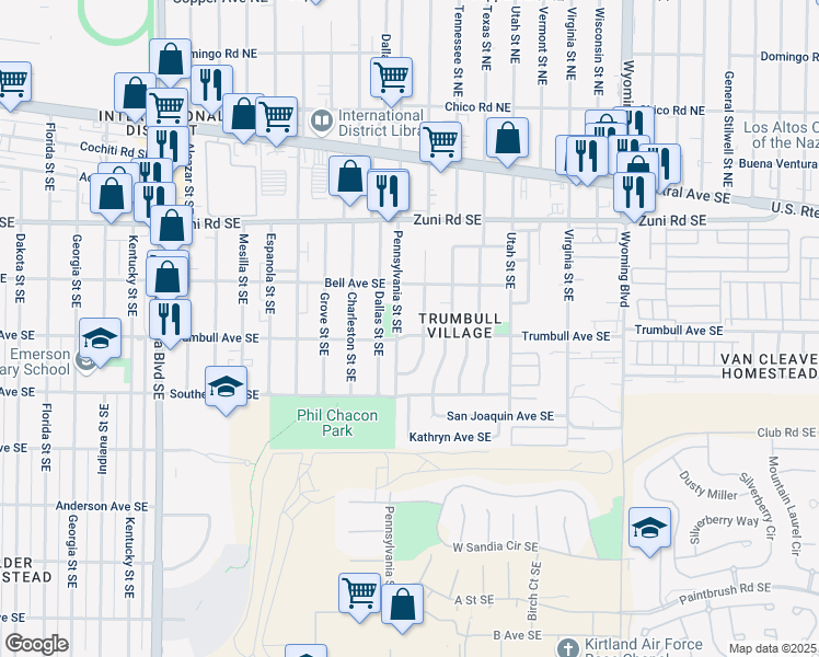map of restaurants, bars, coffee shops, grocery stores, and more near 420 Pennsylvania Street Southeast in Albuquerque