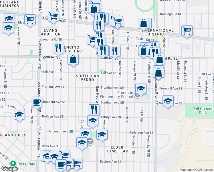 map of restaurants, bars, coffee shops, grocery stores, and more near 521 Arizona Street Southeast in Albuquerque