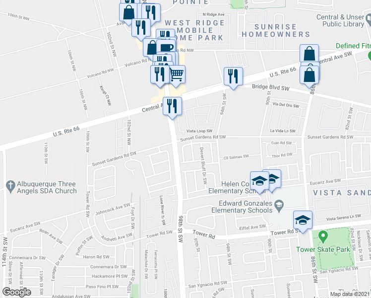 map of restaurants, bars, coffee shops, grocery stores, and more near 9709 Sunset Gardens Road Southwest in Albuquerque