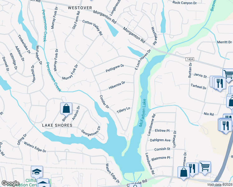map of restaurants, bars, coffee shops, grocery stores, and more near 5832 Tuckertown Lane in Fayetteville
