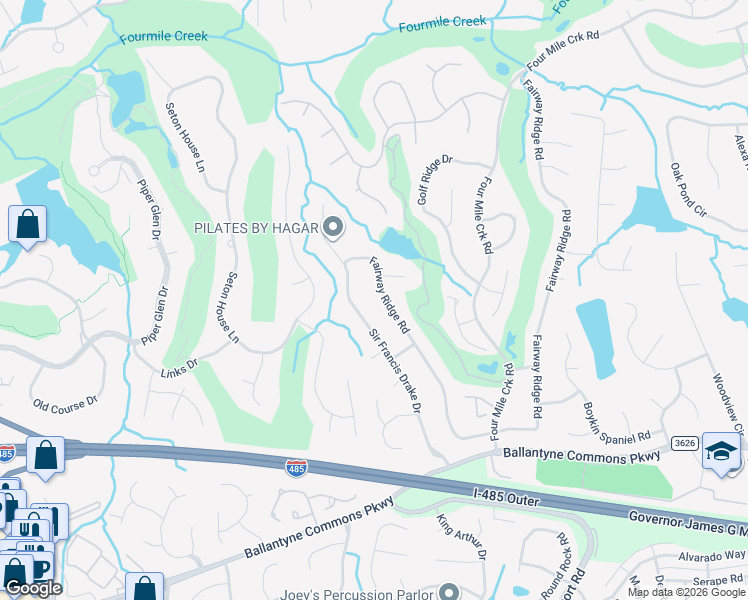 map of restaurants, bars, coffee shops, grocery stores, and more near 10637 Fairway Ridge Road in Charlotte