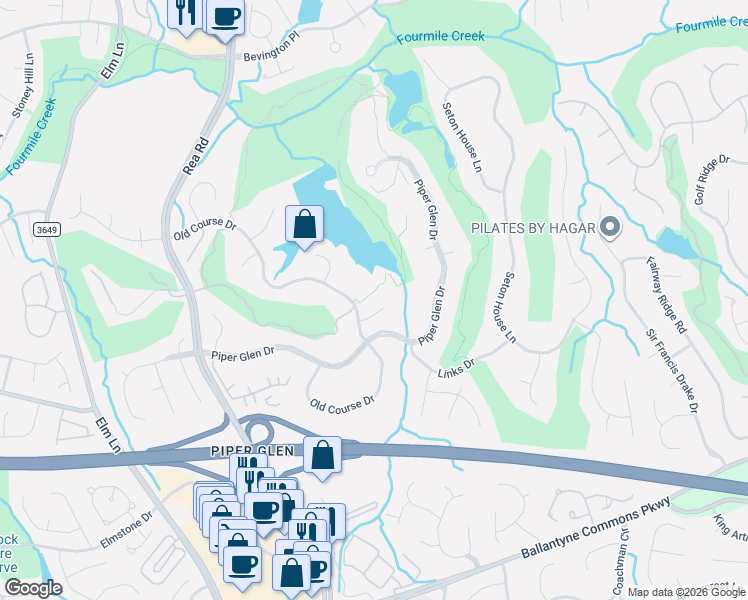 map of restaurants, bars, coffee shops, grocery stores, and more near 4610 Old Course Drive in Charlotte