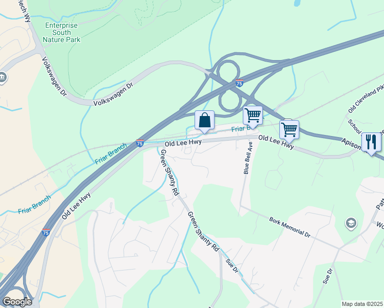 map of restaurants, bars, coffee shops, grocery stores, and more near 4748 Ranco Circle in Ooltewah