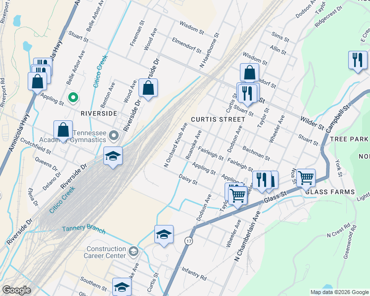 map of restaurants, bars, coffee shops, grocery stores, and more near 2702 North Orchard Knob Avenue in Chattanooga