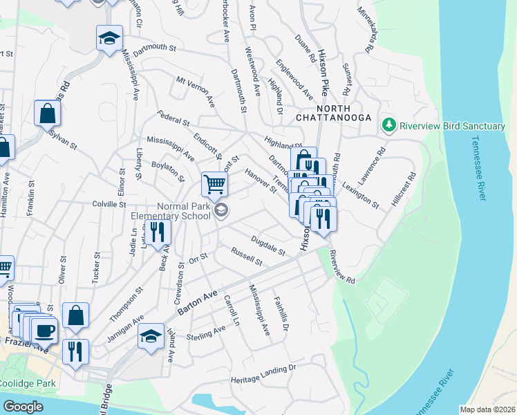 map of restaurants, bars, coffee shops, grocery stores, and more near 947 Polo Place in Chattanooga