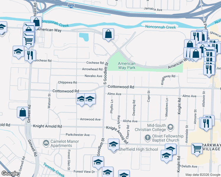 map of restaurants, bars, coffee shops, grocery stores, and more near 4289 Cottonwood Road in Memphis