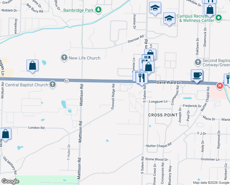 map of restaurants, bars, coffee shops, grocery stores, and more near 3020A Donnell Ridge Road in Conway