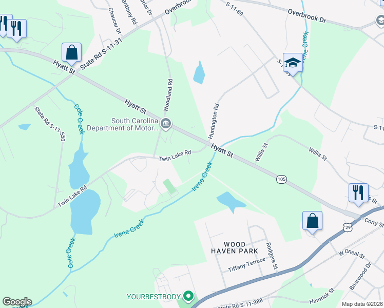 map of restaurants, bars, coffee shops, grocery stores, and more near 427 Hyatt Street in Gaffney