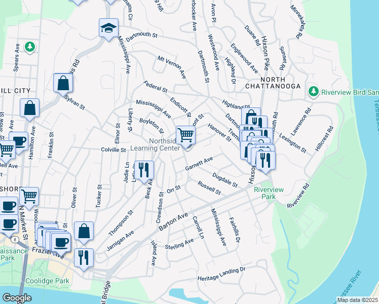 map of restaurants, bars, coffee shops, grocery stores, and more near 923 Mississippi Avenue in Chattanooga