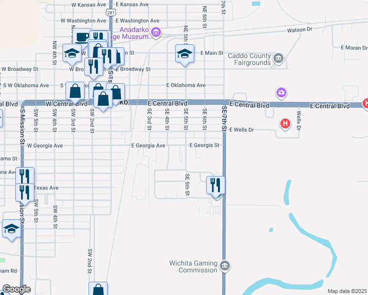 map of restaurants, bars, coffee shops, grocery stores, and more near 416 East Georgia Avenue in Anadarko