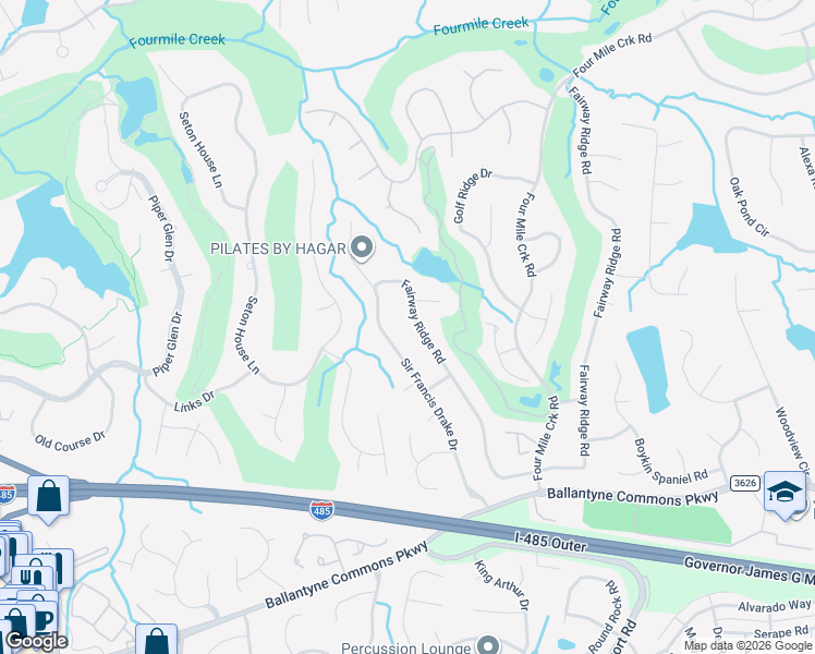 map of restaurants, bars, coffee shops, grocery stores, and more near 10637 Fairway Ridge Road in Charlotte