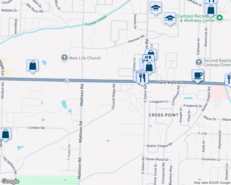 map of restaurants, bars, coffee shops, grocery stores, and more near 3020A Donnell Ridge Road in Conway