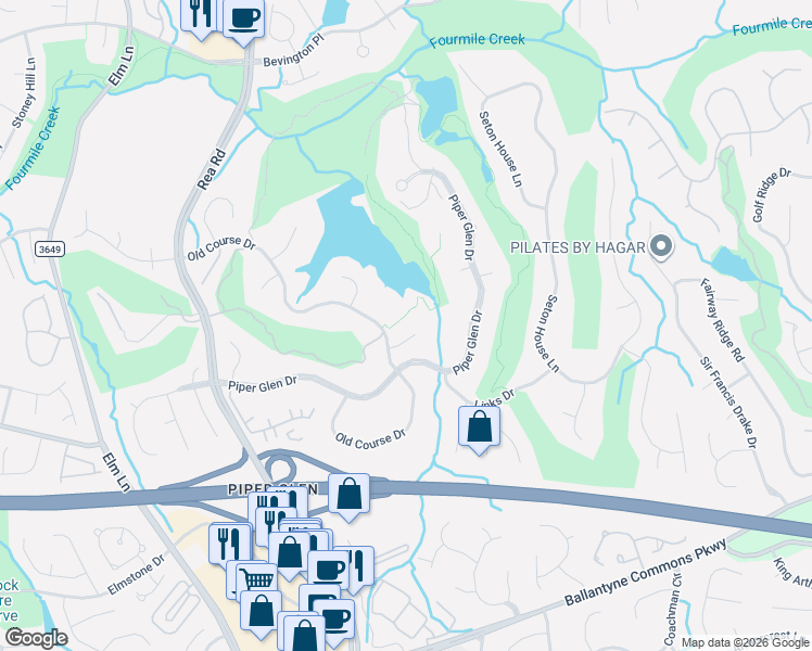 map of restaurants, bars, coffee shops, grocery stores, and more near 4610 Old Course Drive in Charlotte