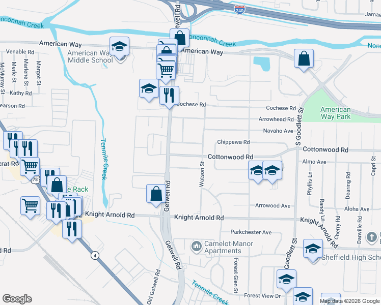 map of restaurants, bars, coffee shops, grocery stores, and more near 3973 Chippewa Road in Memphis