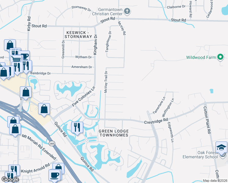 map of restaurants, bars, coffee shops, grocery stores, and more near 6983 Baintree Cove in Memphis