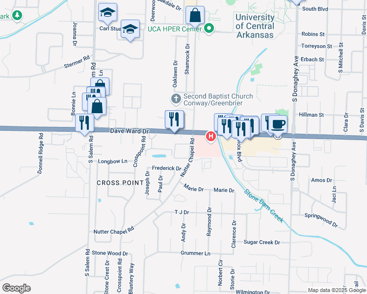 map of restaurants, bars, coffee shops, grocery stores, and more near 831 Nutter Chapel Road in Conway
