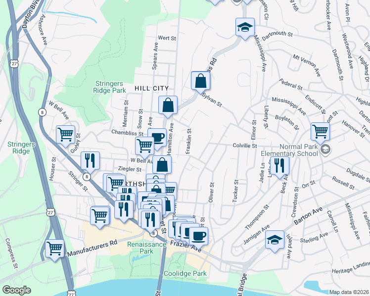 map of restaurants, bars, coffee shops, grocery stores, and more near 700 Franklin Street in Chattanooga
