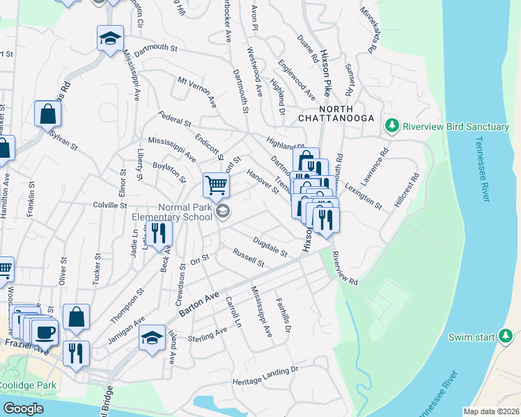 map of restaurants, bars, coffee shops, grocery stores, and more near 947 Polo Place in Chattanooga