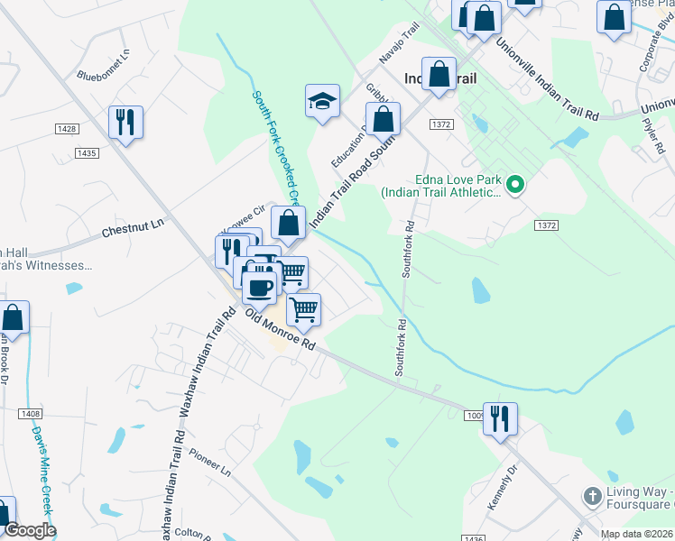 map of restaurants, bars, coffee shops, grocery stores, and more near 204 Stratford Drive in Indian Trail