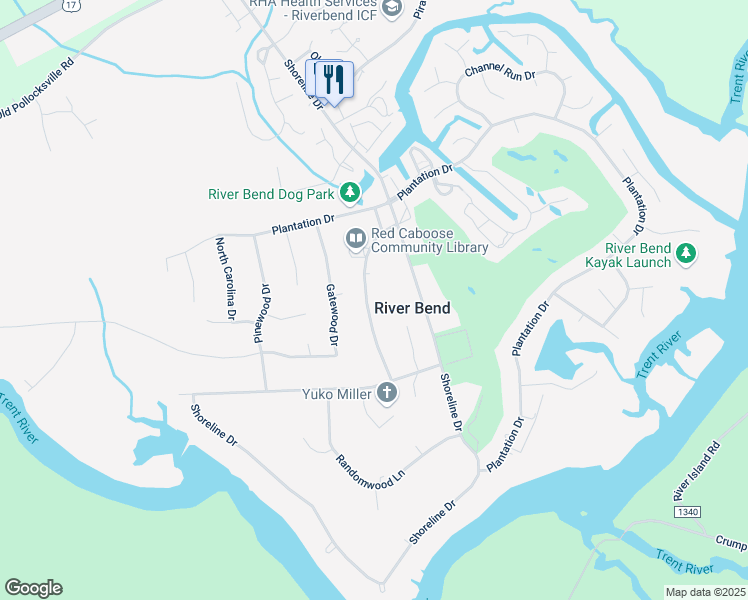 map of restaurants, bars, coffee shops, grocery stores, and more near 122 Wildwood Drive in New Bern