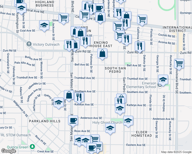 map of restaurants, bars, coffee shops, grocery stores, and more near 700 Palomas Drive Southeast in Albuquerque