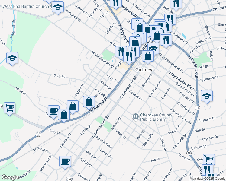 map of restaurants, bars, coffee shops, grocery stores, and more near 400 South Granard Street in Gaffney