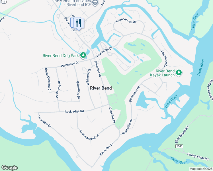 map of restaurants, bars, coffee shops, grocery stores, and more near 84 Shoreline Drive in New Bern